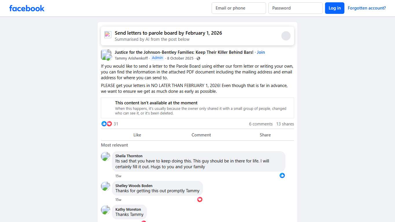 Justice for the Johnson-Bentley Families: Keep Their Killer Behind Bars! If you would like to send a letter to the Parole Board using either our form letter or writing your own, you can find the information in the attached ... Facebook